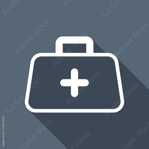 first-aid kit, outline symbol. White flat icon with long shadow