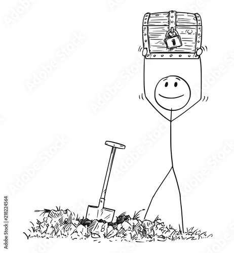 Cartoon stick drawing conceptual illustration of happy man who found a treasure chest buried under ground.
