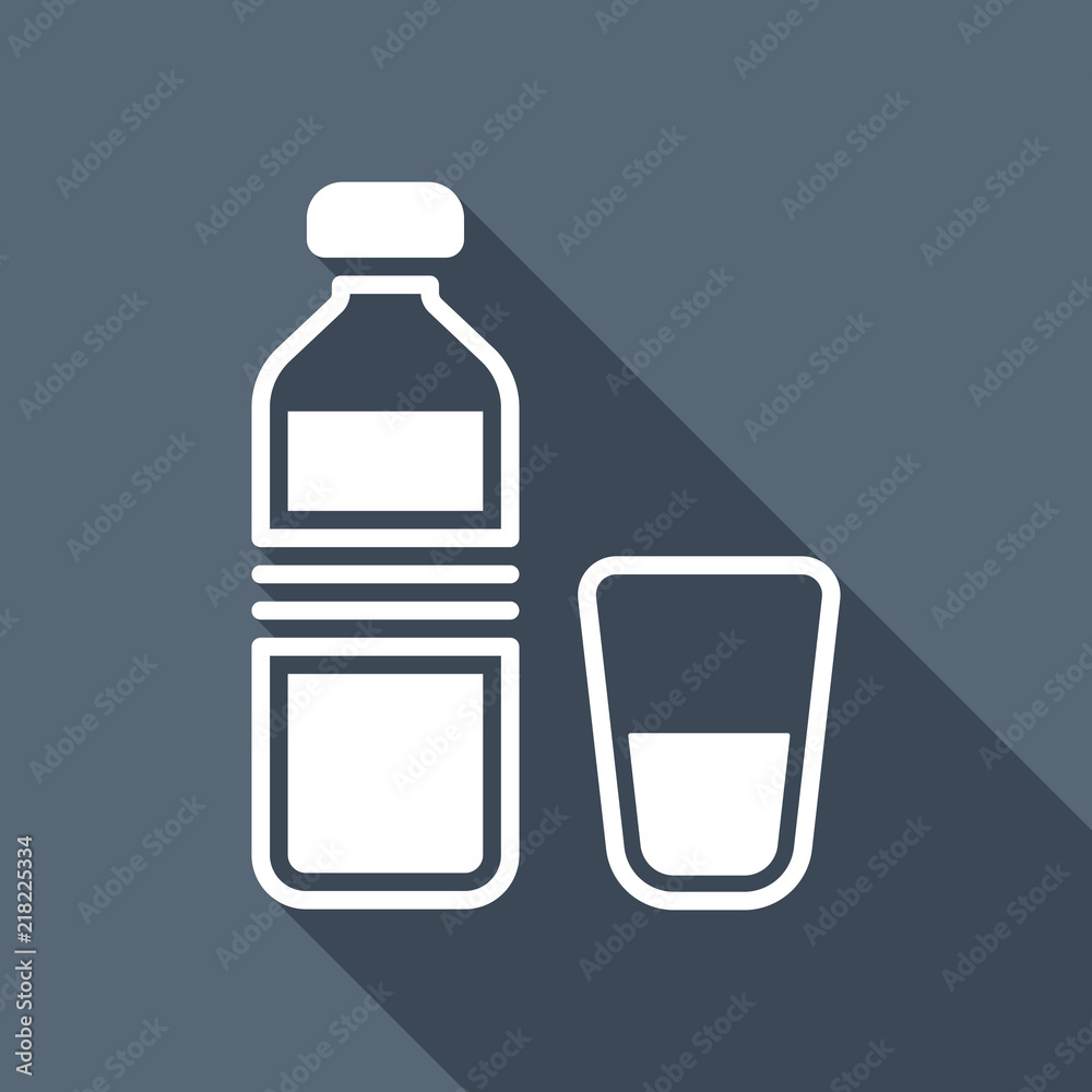bottle of water and glass cup. simple icon. White flat icon with bottle of water and glass cup. simple icon. White flat icon with