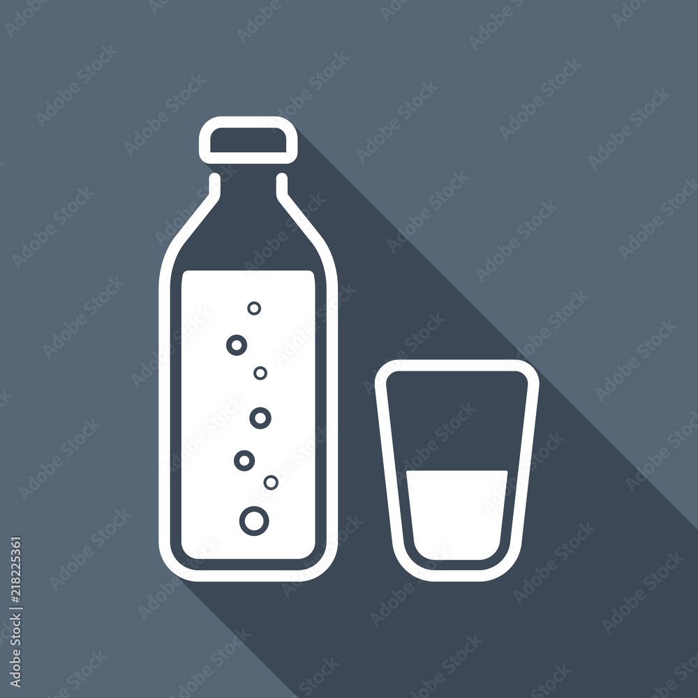 bottle of water with bubbles and glass cup. simple icon. White f bottle of water with bubbles and glass cup. simple icon. White f