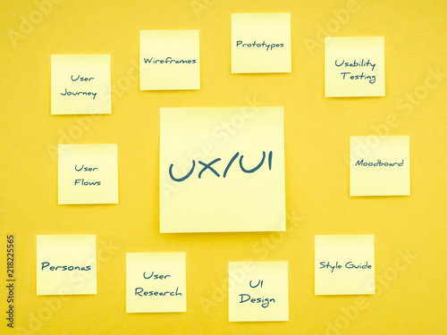UX/UI concept on vibrant yellow background. Studio shot photography