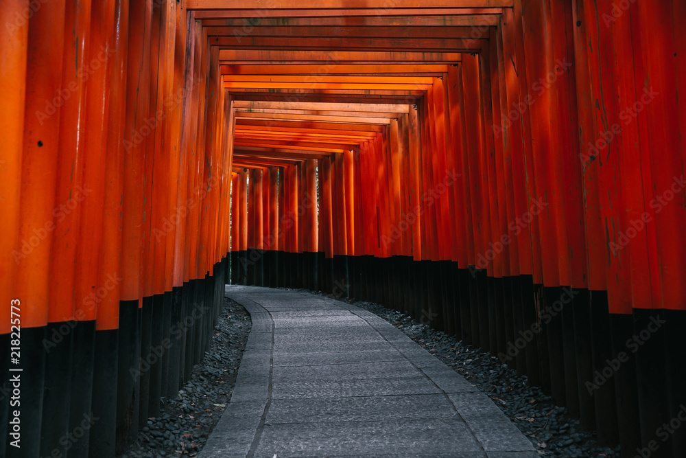 Fototapeta premium Pathway orii gates at Fushimi Inari Shrine at night and rain Kyoto, Japan.