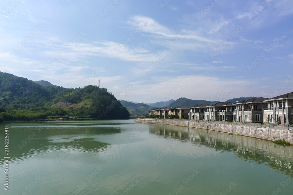 View of Mountains, Water and Natural Village Household