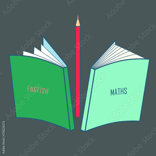 illustration or logo representing school books on Maths and English and a pencil. Suitable for web or printed production about school supplies, stationery. Vector