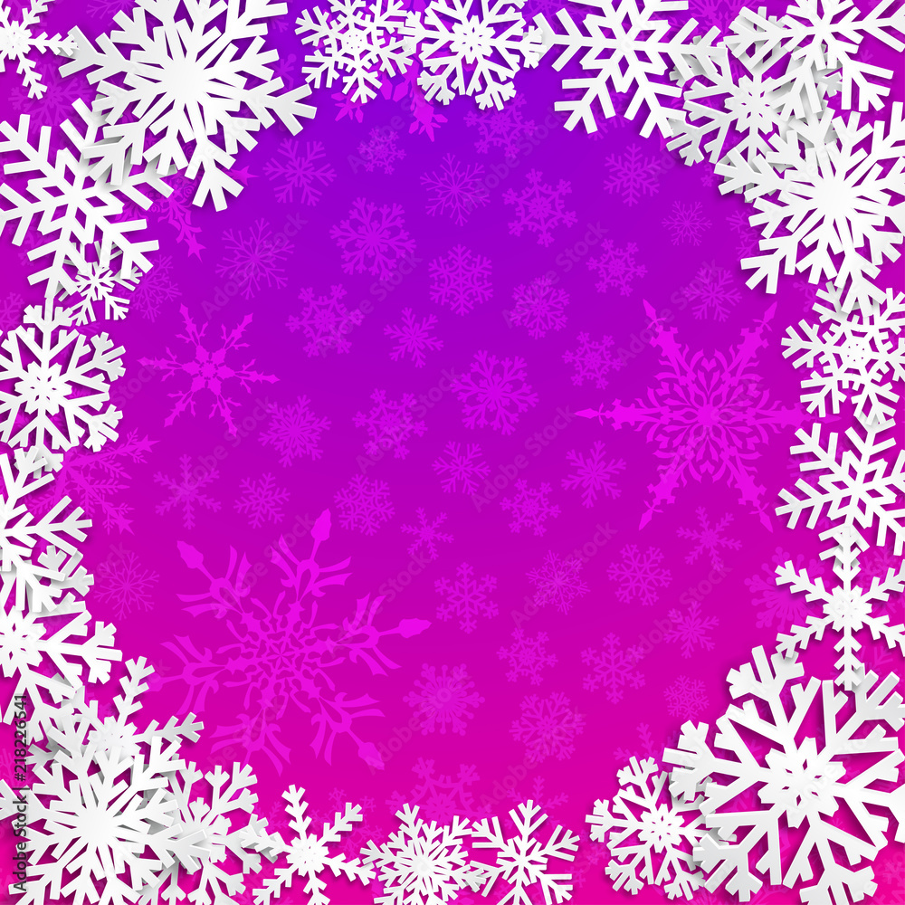 Christmas illustration with circle frame of white snowflakes on purple background Christmas illustration with circle frame of white snowflakes on purple background