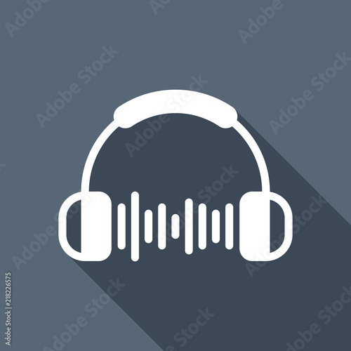 Headphones and music wave. Max volume level. Simple icon. White