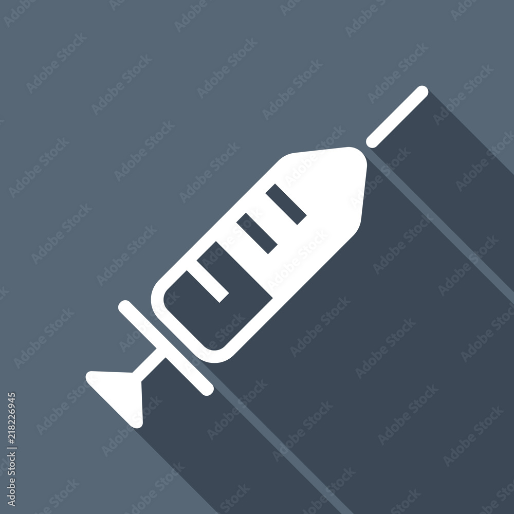 Simple injector icon. White flat icon with long shadow on backgr Simple injector icon. White flat icon with long shadow on backgr