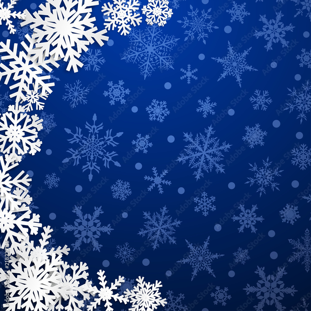 Christmas illustration with semicircle of big white snowflakes with shadows on blue background Christmas illustration with semicircle of big white snowflakes with shadows on blue background