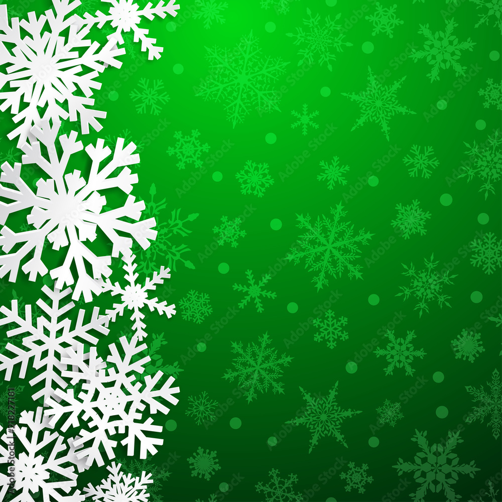 Christmas illustration with big white snowflakes with shadows on green background Christmas illustration with big white snowflakes with shadows on green background
