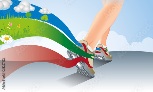 Illustration de jambes féminines en Basket vue arrière en train de courir laissant une trainée