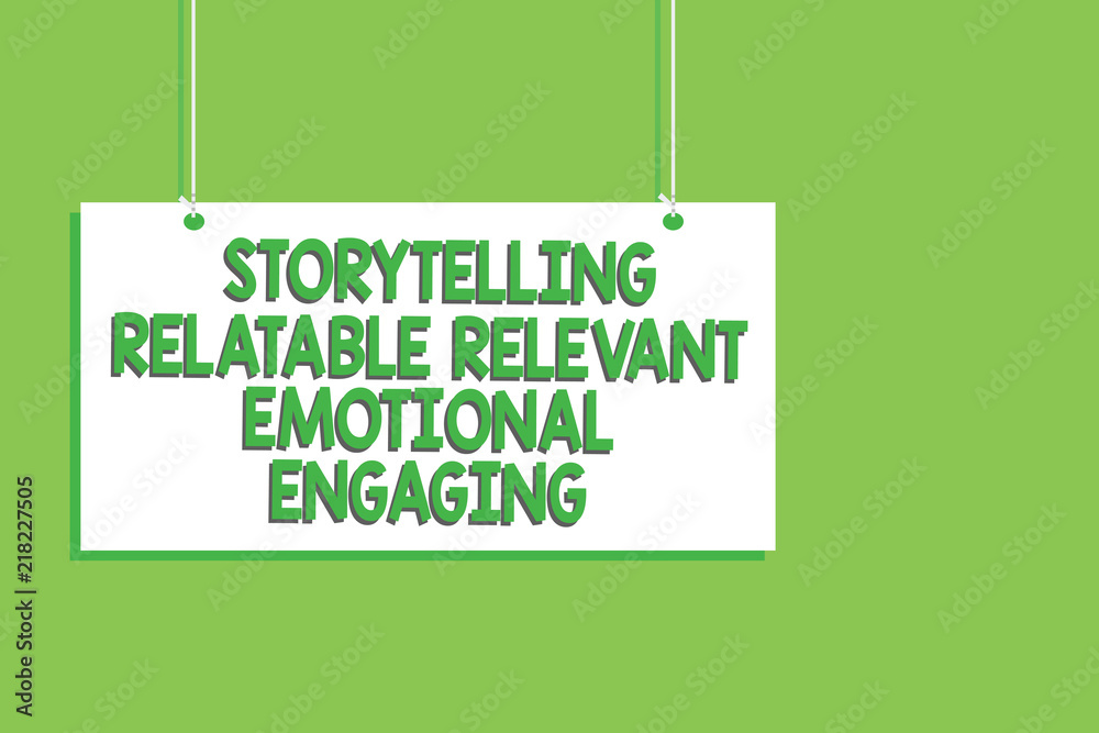 Fototapeta premium Handwriting text Storytelling Relatable Relevant Emotional Engaging. Concept meaning Share memories Tales Hanging board message communication open close sign green background.
