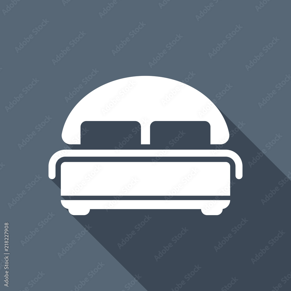 Silhouette of double bed. Double hotel room. White flat icon wit Silhouette of double bed. Double hotel room. White flat icon wit