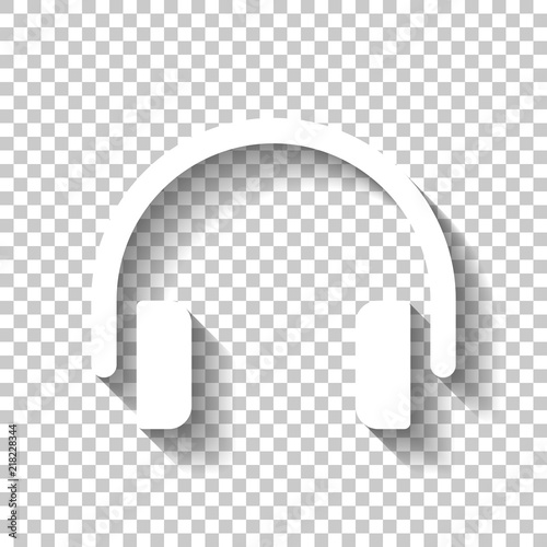 Simple headphones icon. White icon with shadow on transparent ba
