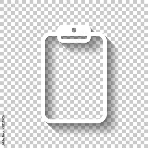 Tablet with paper. White icon with shadow on transparent backgro