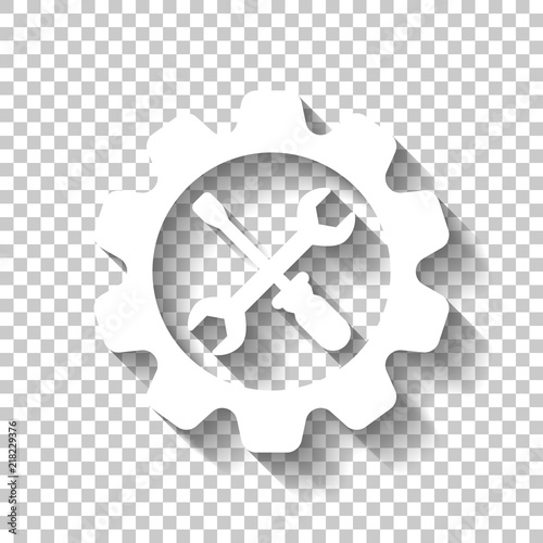 Wrench and screwdriver in gear. White icon with shadow on transp
