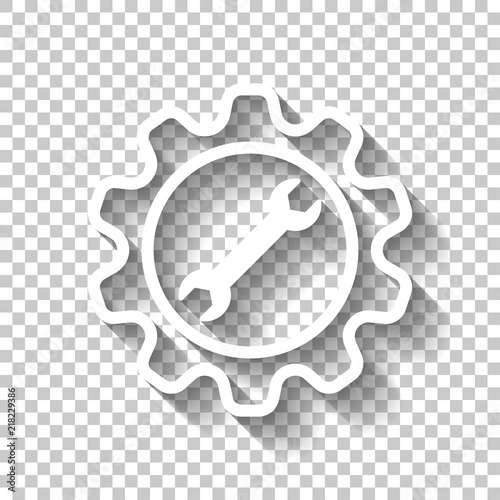 wrench in gear. White icon with shadow on transparent background