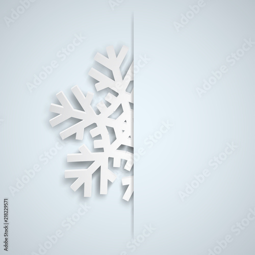 Christmas illustration with one white big snowflake which protrudes from the cut on a light blue background