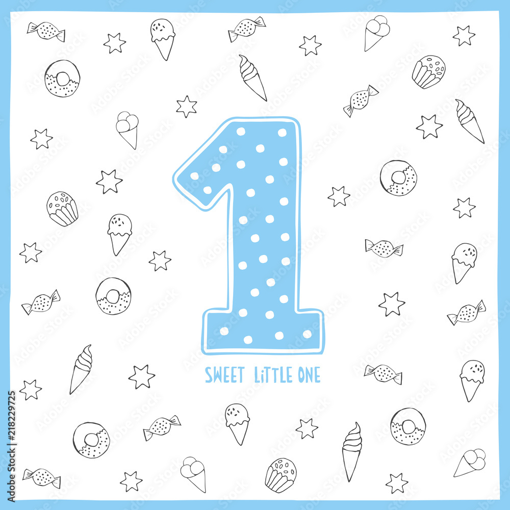 First Birthday Vector Illustration, Sweet Little One, Number One. Blue