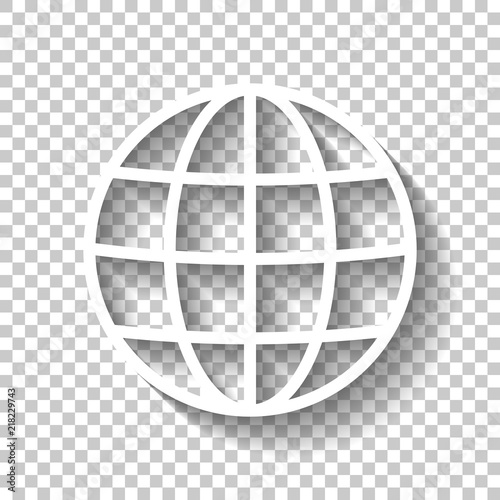 Simple globe icon. Linear, thin outline. White icon with shadow