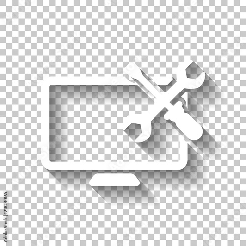 Computer repair service. White icon with shadow on transparent b