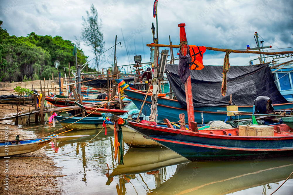 Thai fishing boats at the harbor, Prachuap Khiri Khan, Thailand.