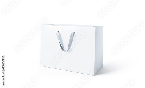 Blank white paper bag with silk handle mock up, isolated, 3d rendering. Beautiful craft plastic package mockup. Empty gift carry pack template. Shopping packet mock-up.