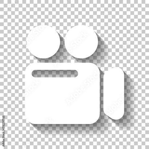 Simple video camera icon. White icon with shadow on transparent