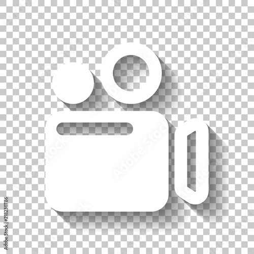 Simple video camera icon. White icon with shadow on transparent