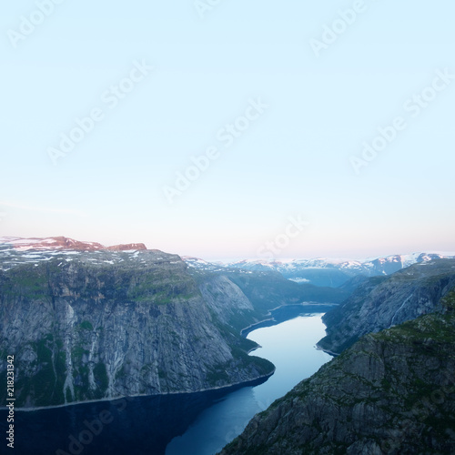 Breathtaking view on Ringedalsvatnet from Trolltunga rock - most spectacular and famous scenic cliff in Norway