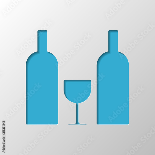 glass and bottles icon. Paper design. Cutted symbol with shadow