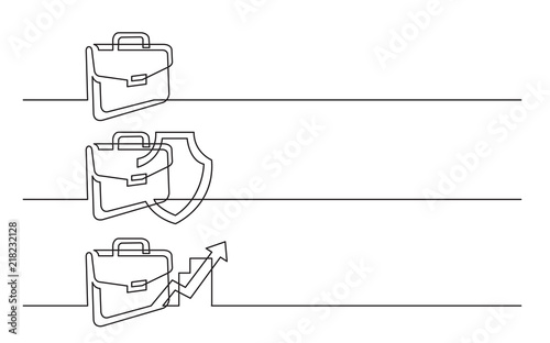 banner design - continuous line drawing of business icons: briefcase, protection of investment, investment porfolio rising value