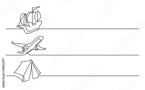 banner design - continuous line drawing of business icons: tall ship, passenger plane, tourist tent