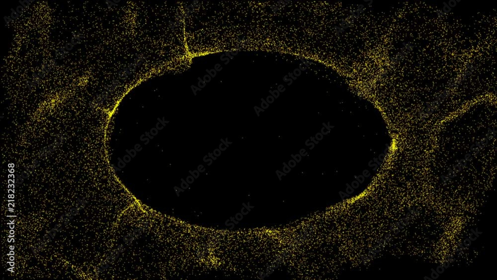 Abstract black background with moving golden lines and particles forming spherical space for your logo, design. Motion graphics, animation, Concept of technology, space, innovation and research.
