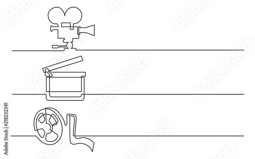 banner design - continuous line drawing of business icons: movie camera, clap board, film tape