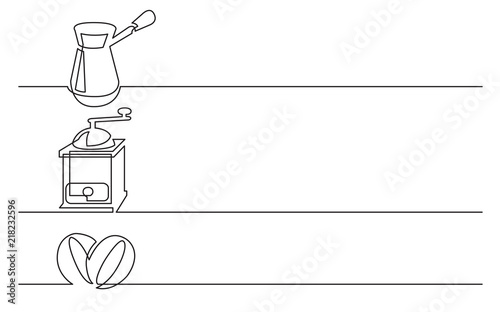 banner design - continuous line drawing of business icons: jezve, coffee grinder, beans