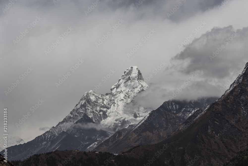 View of a famous mountain Ama Dablam in the Himalaya, Khumbu Region near Mount Everest.