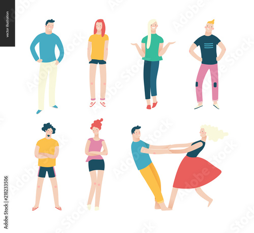 Bright people portraits set - young men and women - set of various posing people in fashion colors - standing with arms akimbo  crossed arms  whirling couple holding their hands  concept characters