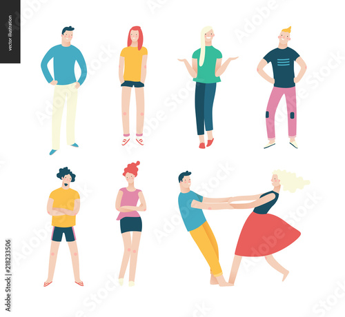 Bright people portraits set - young men and women - set of various posing people in fashion colors - standing with arms akimbo, crossed arms, whirling couple holding their hands, concept characters