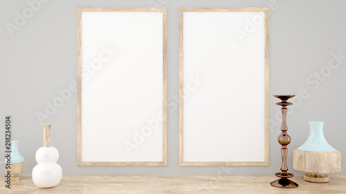 Two mock up poster frame, scandinavian style, 3D render, 3D illustration