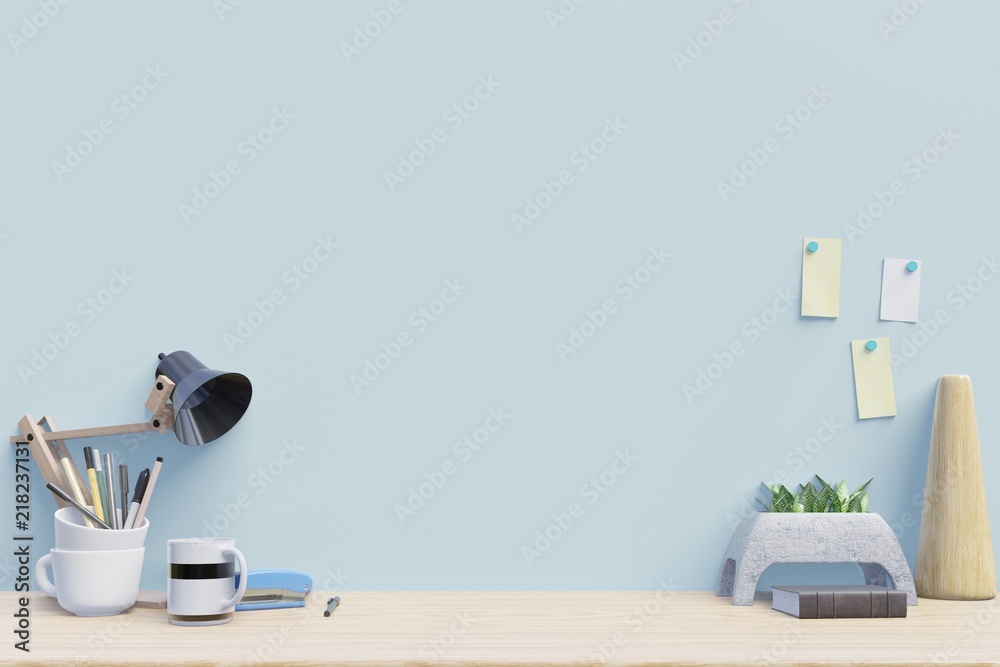Modern workplace with creative desk with plants have blue wall,3d rendering