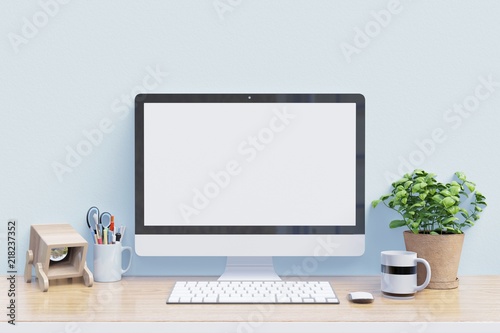 Workspace mockup desk with desktop computer with house plant and office supplies, 3D Rendering 