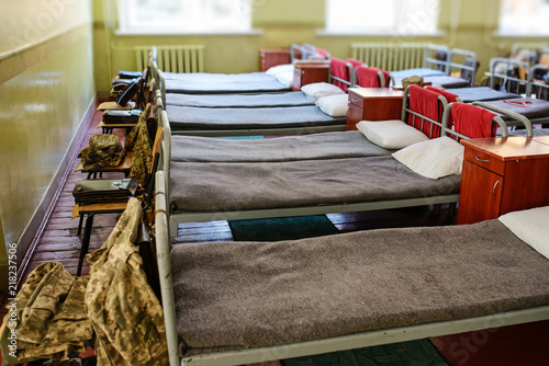 many beds in the military barracks of ukraine photo