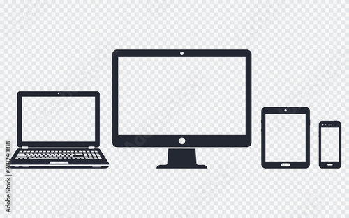 Device icons - desktop computer, laptop, smart phone and tablet on transparent background