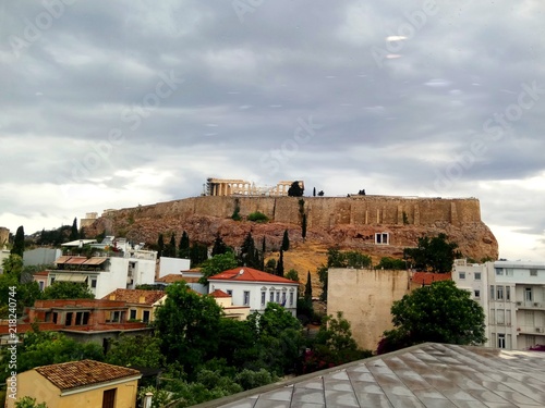 View of the Parthenon, Acropolis in Athens Greece. Visting the Acropolis museum on a cloudy day