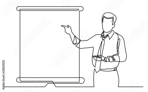 continuous line drawing of business coach showing on presentation screen