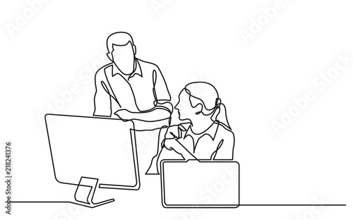 continuous line drawing of office workers discussing problem