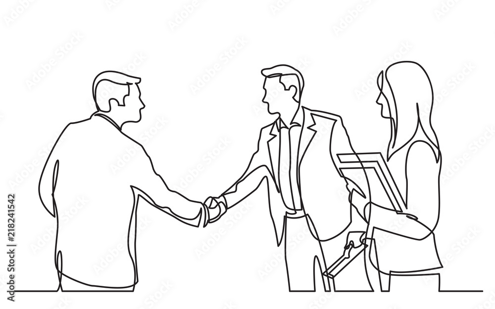 continuous line drawing of business meeting with handshake
