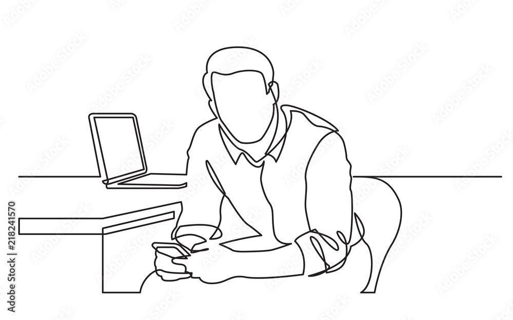 continuous line drawing of man sitting reading his mobile phone