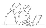 continuous line drawing of two women sitting and watching laptop computer