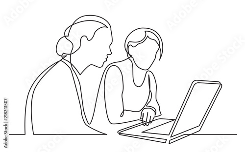 continuous line drawing of two women sitting and watching laptop computer